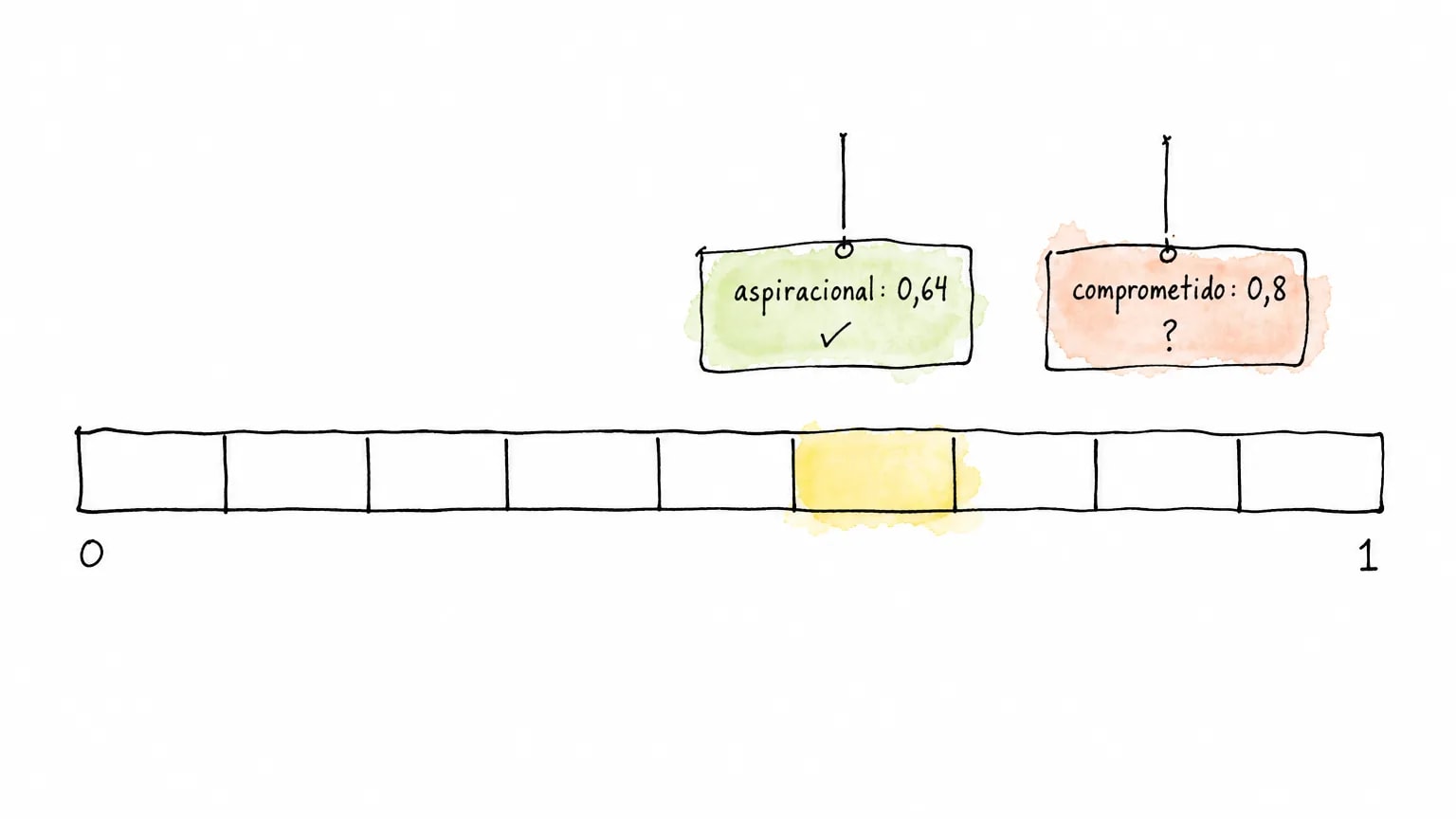 Ilustração de uma régua de 0 a 1 com a faixa de 0,6 a 0,7 pintada e duas etiquetas: aspiracional 0,64 dentro da faixa e comprometido 0,8 com interrogação.