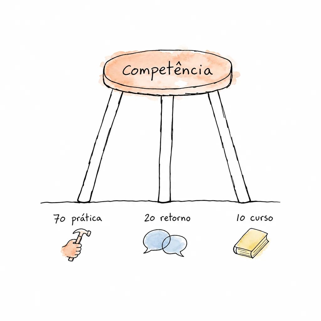 Banquinho de três pernas iguais com o assento "competência" e as pernas rotuladas 70 prática, 20 retorno e 10 curso, com martelo, balões de fala e livro.