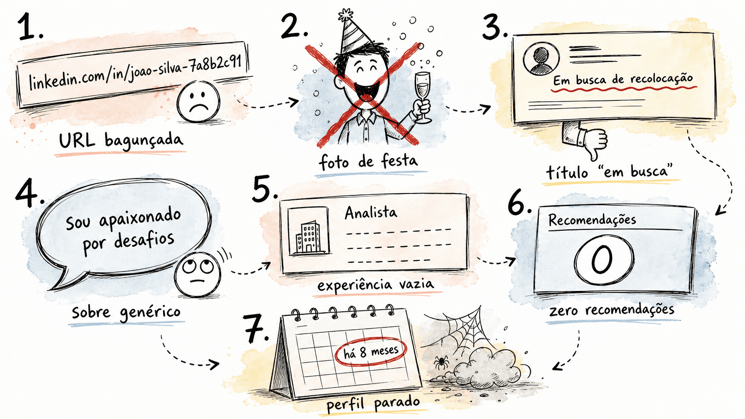 Sketchbook Red Bull em pt-BR com 7 vinhetas numeradas dos antipadrões do perfil do Linkedin: URL bagunçada, foto de festa, título 'em busca', sobre genérico, experiência vazia, zero recomendações e perfil parado.