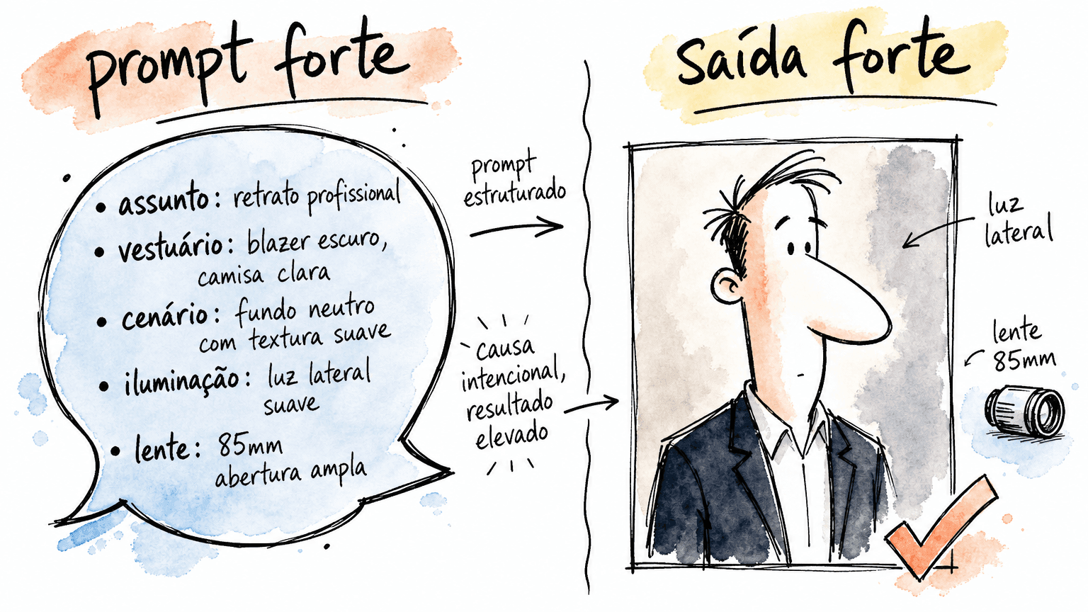 Saída boa quando o prompt aplica as seis camadas: luz lateral, fundo neutro, vestuário coerente, foco nos olhos