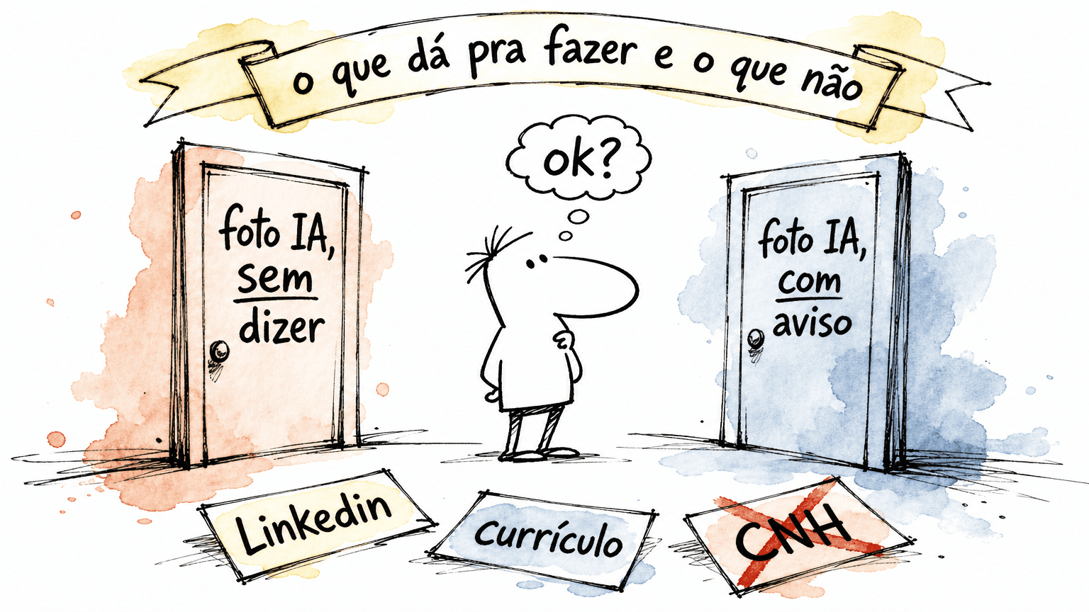 Ilustração de duas balanças lado a lado: pragmatismo (IA pra perfil) e limites (foto pra documento oficial)