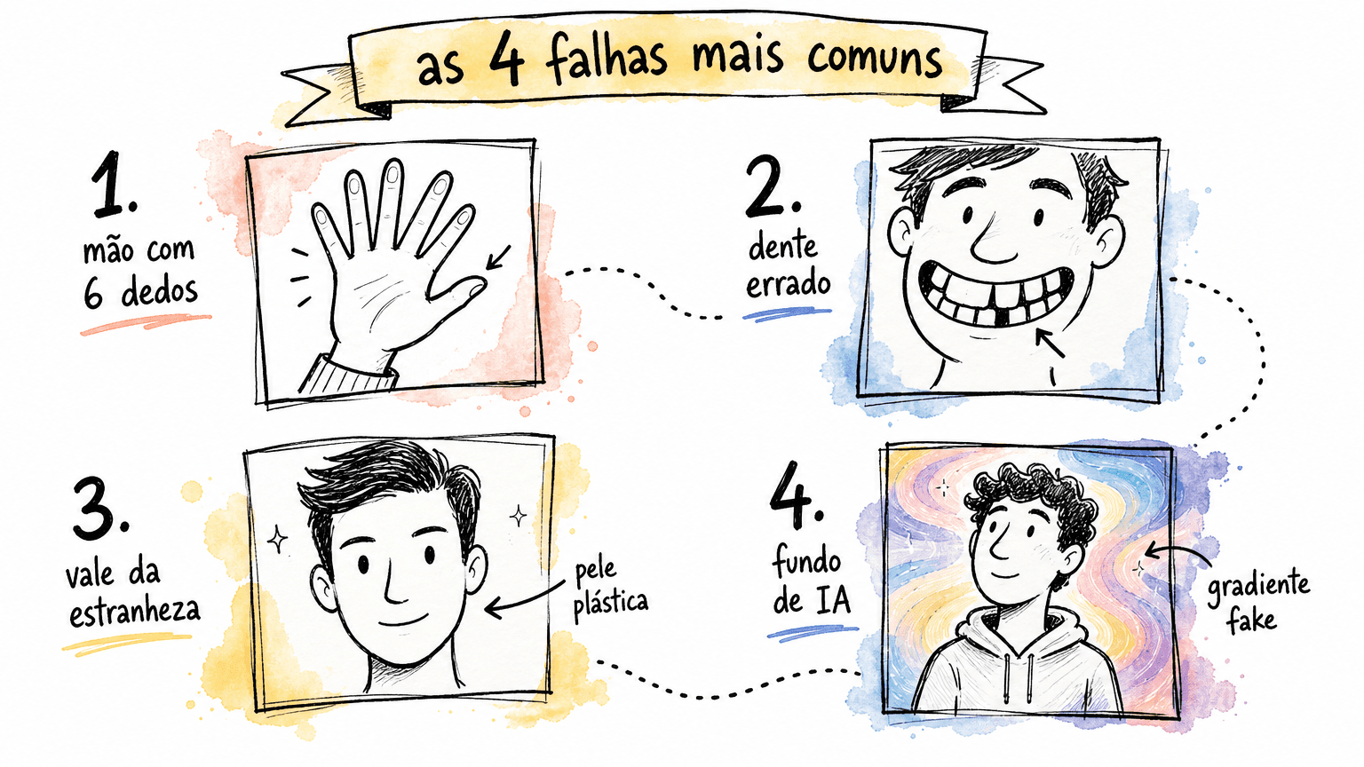 As quatro falhas típicas da IA: mão com seis dedos, dentes estranhos, pele plastificada, fundo simétrico demais