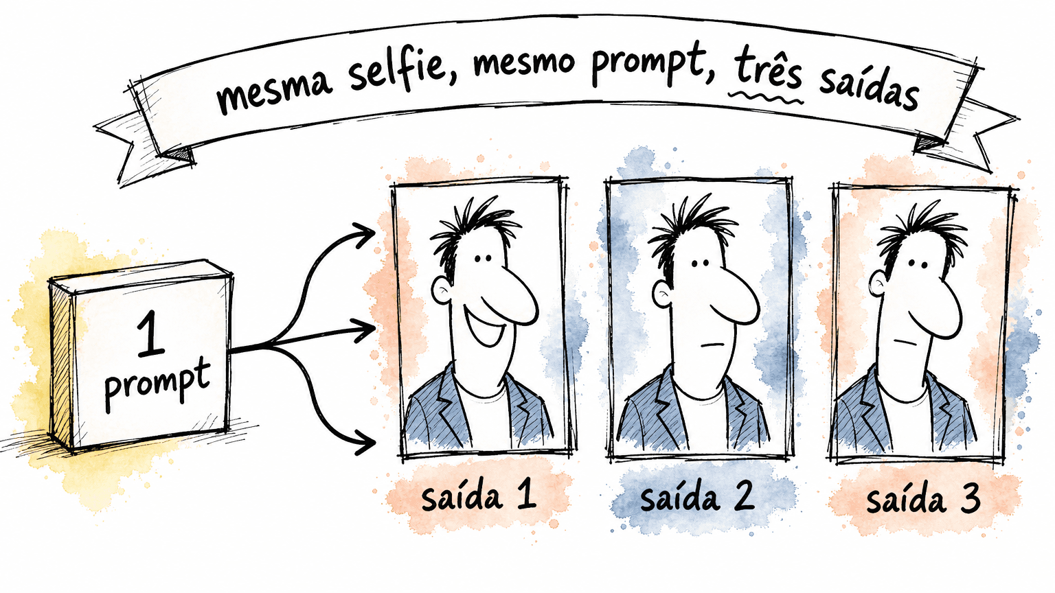 Mesmo prompt e mesma selfie geram três saídas diferentes da IA, ilustrando a variabilidade da geração de imagem
