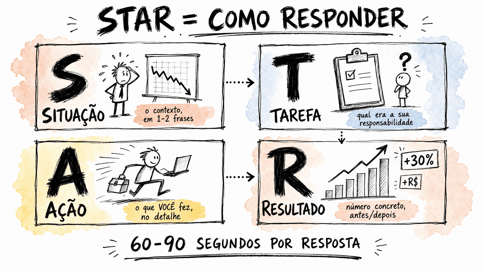 Doodle Red Bull em pt-BR do framework STAR pra entrevista: Situação, Tarefa, Ação e Resultado em 60-90 segundos por resposta.