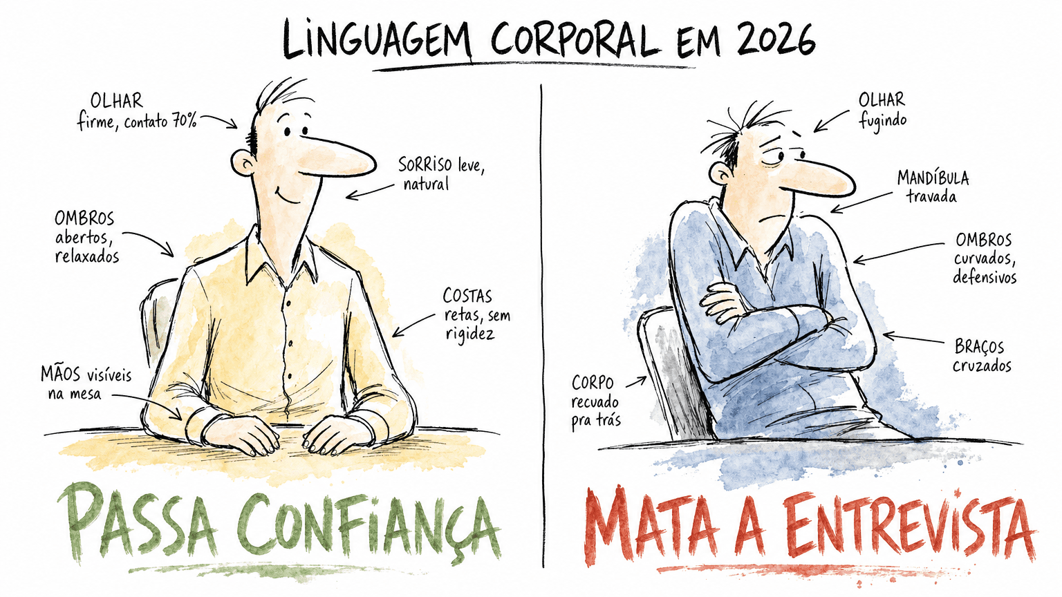 Doodle Red Bull em pt-BR de linguagem corporal em entrevista: split passa confiança vs mata a entrevista, com 5 pontos cada lado.
