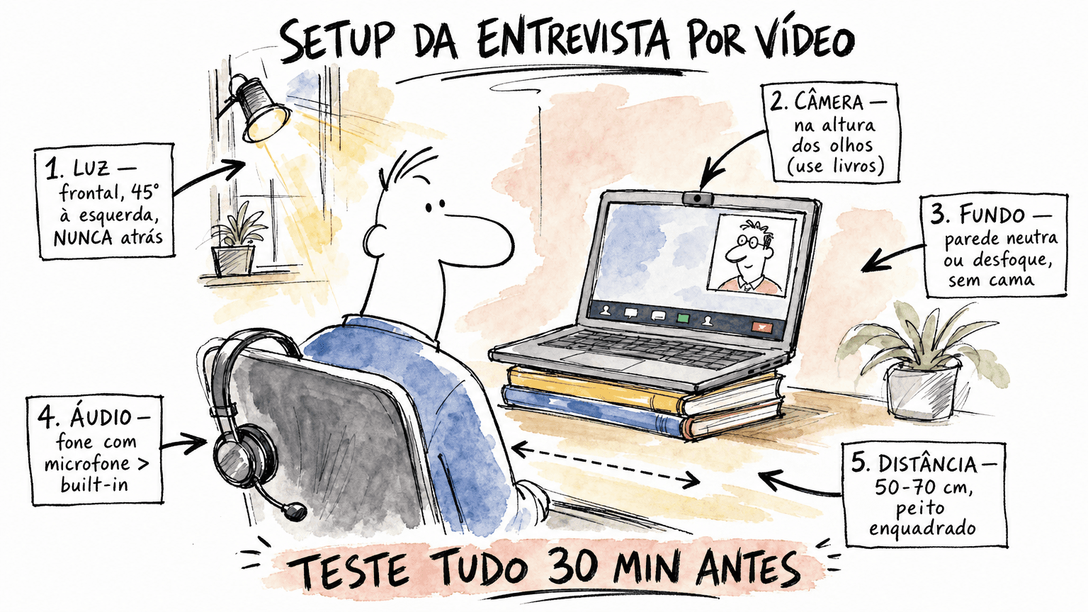 Doodle Red Bull em pt-BR do setup da entrevista por vídeo: luz, câmera, fundo, áudio e distância anotados, teste 30 min antes.