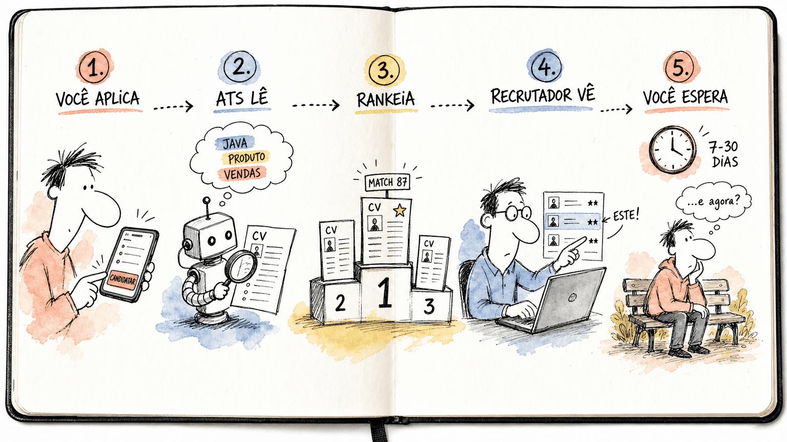 Doodle Red Bull em pt-BR mostrando a viagem do currículo BR em 5 etapas: você aplica, ATS lê com lupa, sistema ranqueia em podium, recrutador vê na lista e você espera 7-30 dias.