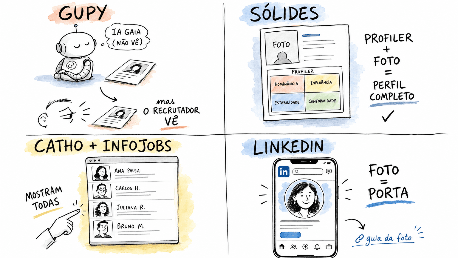 Doodle Red Bull em 4 quadrantes pt-BR mostrando o papel da foto profissional em cada plataforma: Gupy IA ignora mas recrutador vê, Sólides perfil completo, Catho InfoJobs vitrine, Linkedin porta.