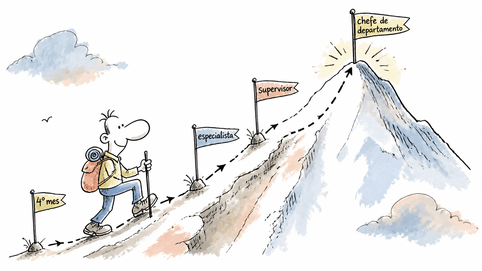 Cartoon de pessoa escalando uma montanha com bandeiras 4º mês, especialista e supervisor, ilustrando o Projeto Escalada da Atento