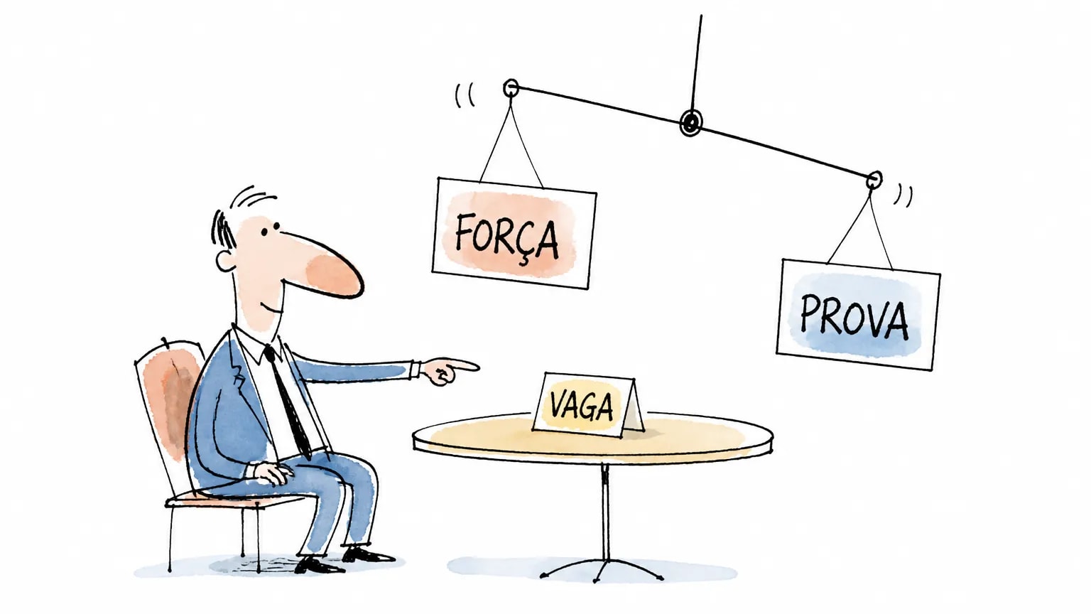 Ilustração de uma balança com os cartões força e prova em equilíbrio