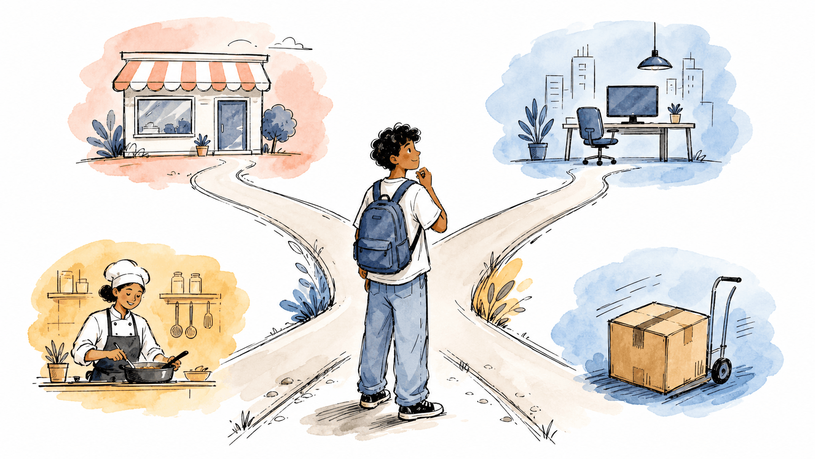 Jovem diante de caminhos para loja, escritório, cozinha e logística no primeiro emprego