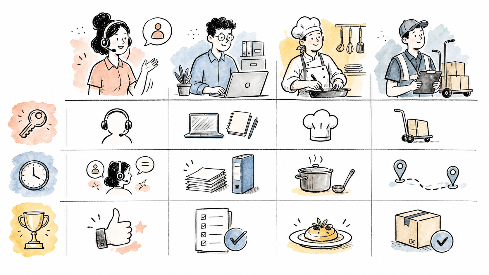 Matriz visual de atendimento, administrativo, cozinha e logística para primeiro emprego
