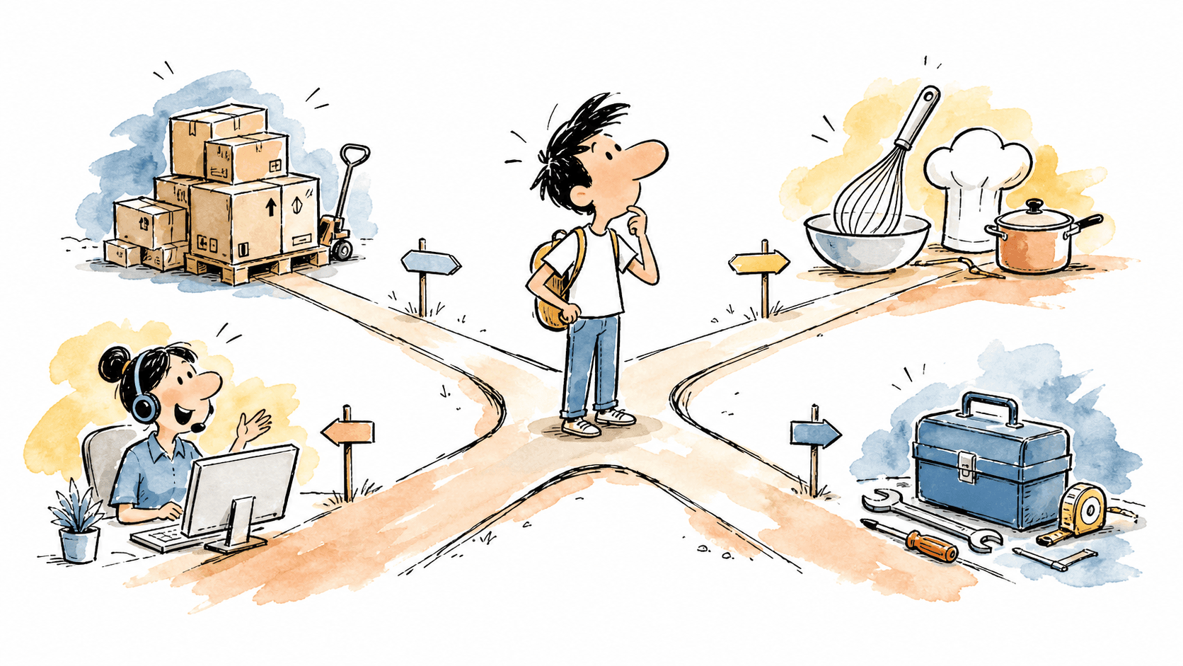 Pessoa avaliando quatro rotas de trabalho: atendimento, logística, cozinha e área técnica