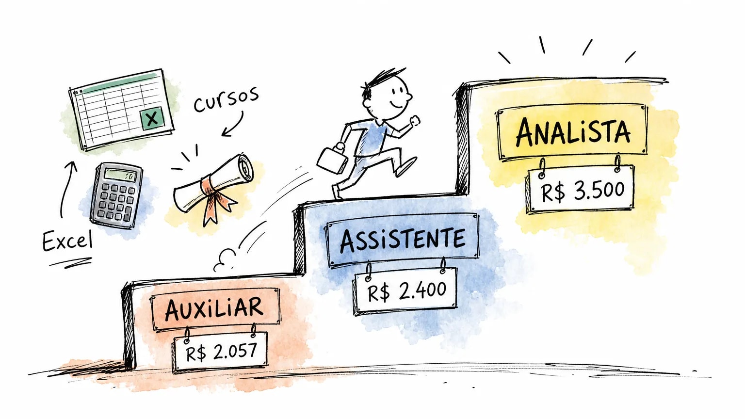 Infográfico em escada mostrando a carreira administrativa: auxiliar R$ 2.057, assistente R$ 2.400 e analista R$ 3.500, com cursos e Excel como o que faz subir de degrau