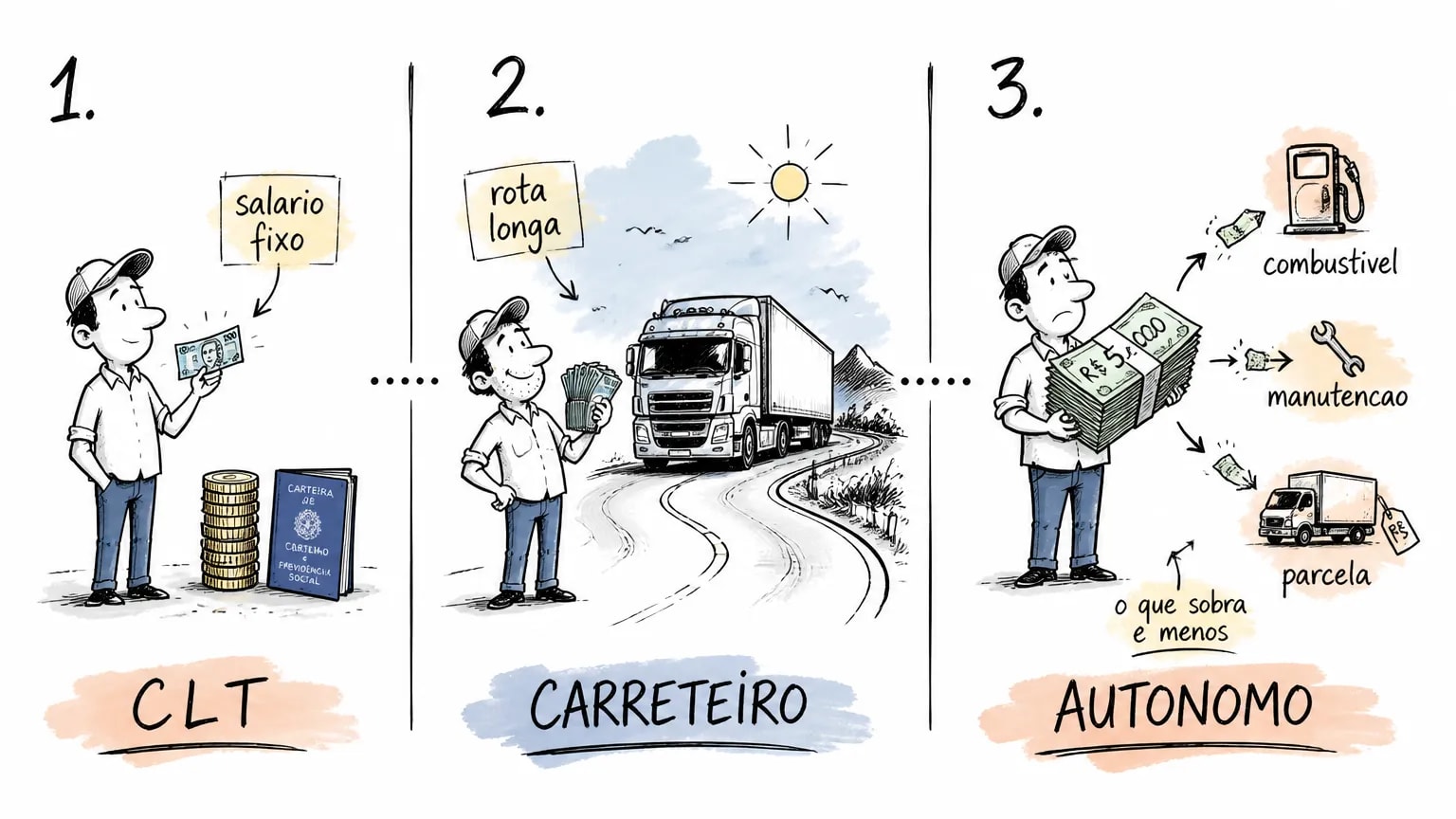Comparação ilustrada entre motorista CLT, carreteiro e autônomo, mostrando que o faturamento do autônomo é reduzido por combustível, manutenção e parcela do caminhão