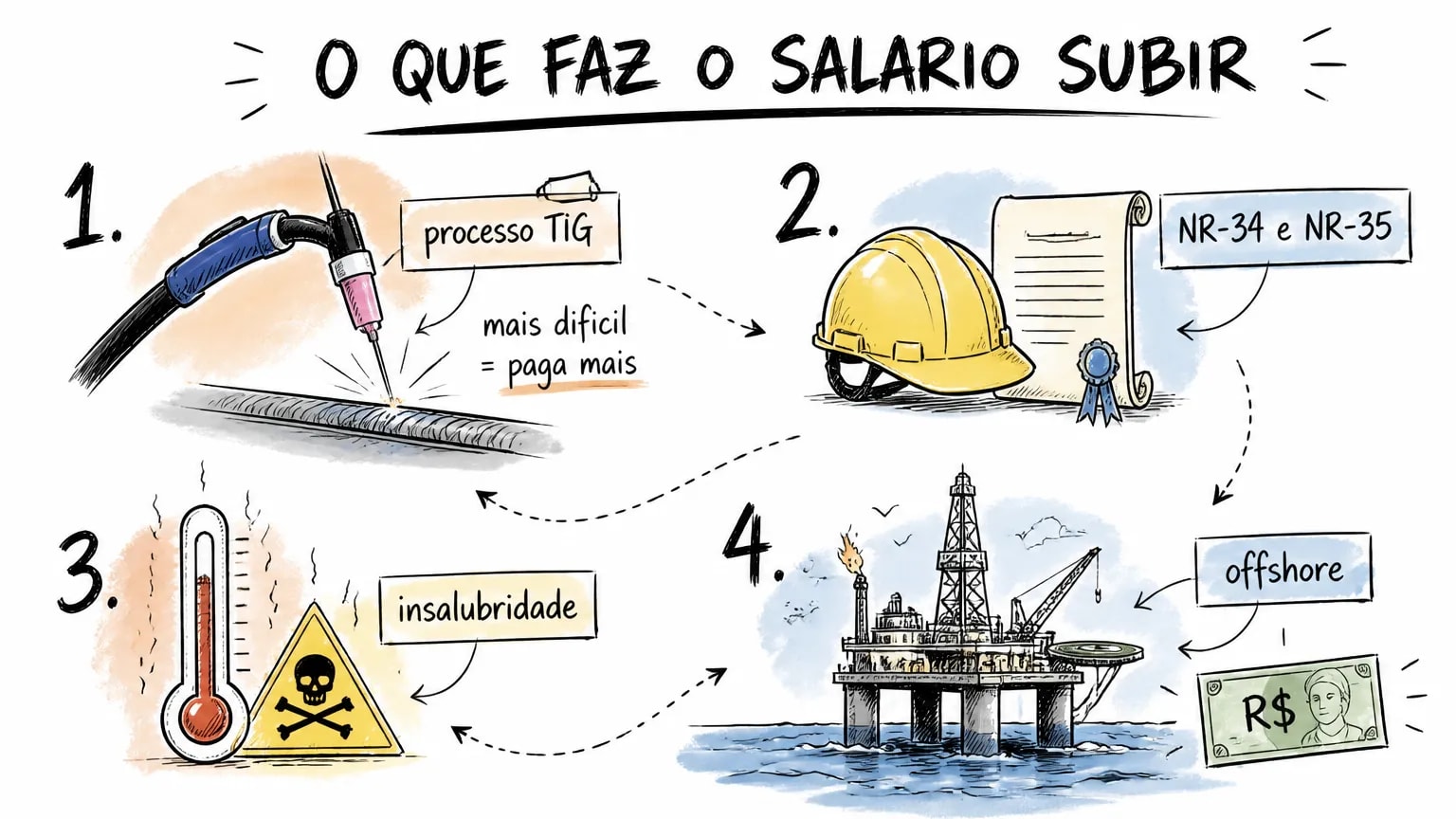 Infográfico do que faz o salário do soldador subir: processo TIG, qualificações NR-34 e NR-35, insalubridade e trabalho offshore