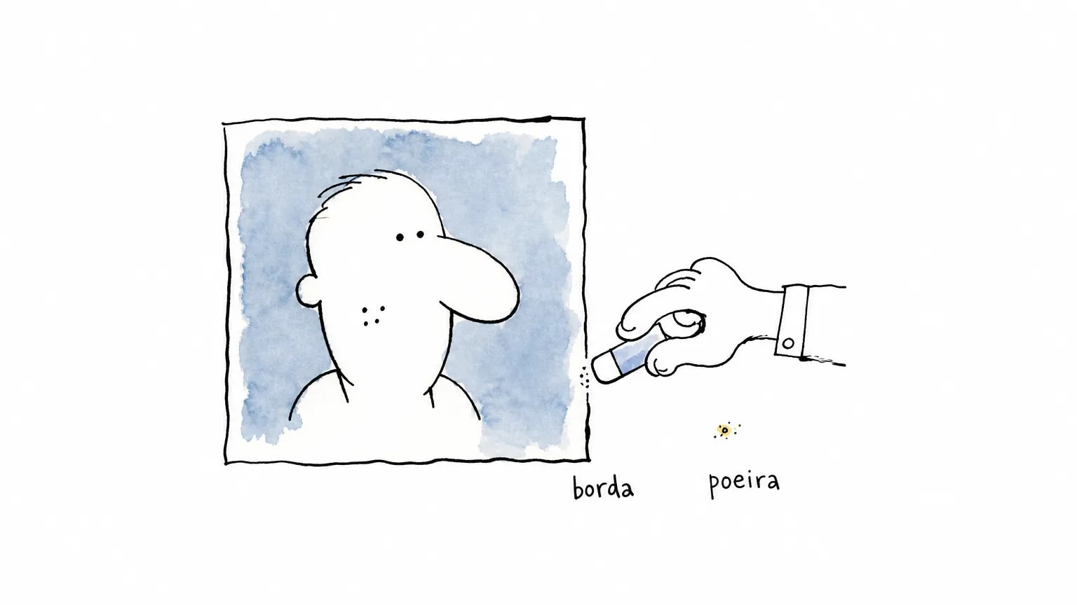 Cartão de retrato com três pontinhos intactos na bochecha; uma mão com borracha alcança só duas coisas, a poeira solta e a borda do cartão