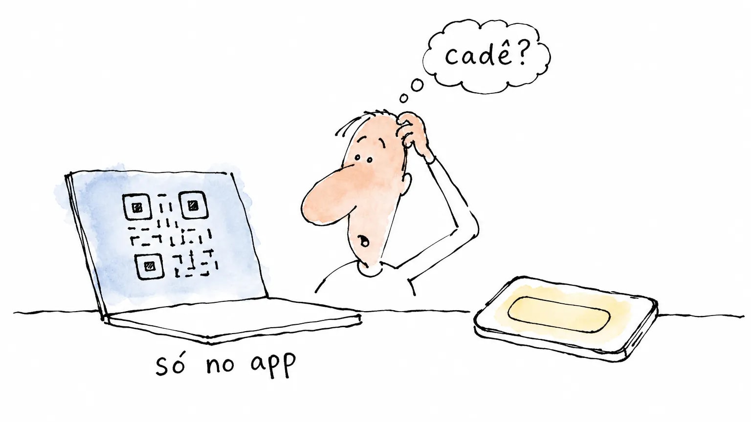 Ilustração de um notebook com QR code e o aviso "só no app" ao lado de um celular com faixa vazia, e um homem confuso pensando "cadê?"