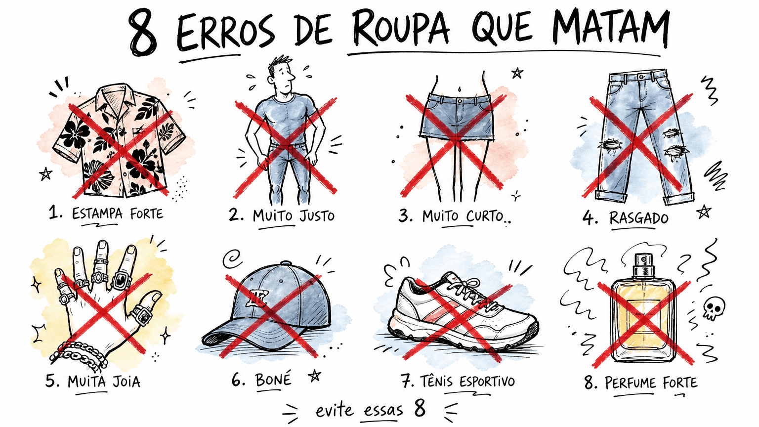 Sketchbook Red Bull em pt-BR com 8 erros de roupa que reprovam na entrevista: estampa forte, muito justo, muito curto, rasgado, muita joia, boné, tênis esportivo, perfume forte.