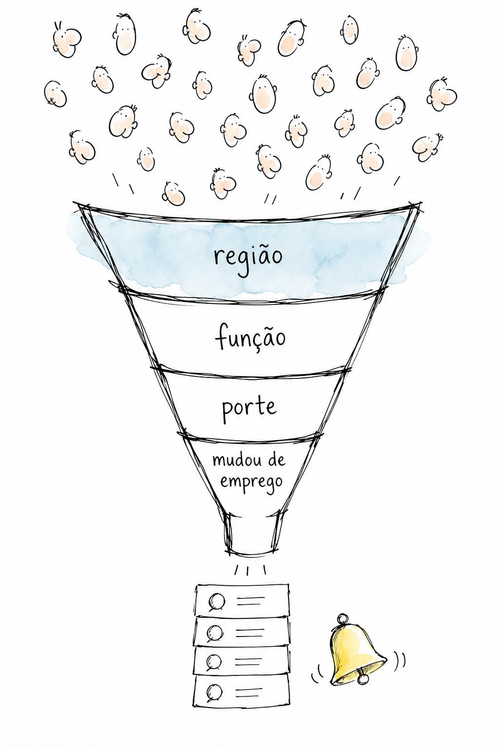 Funil de busca: muitos rostinhos caem e passam por "região", "função", "porte" e "mudou de emprego" até virar uma pilha de quatro leads e um alerta