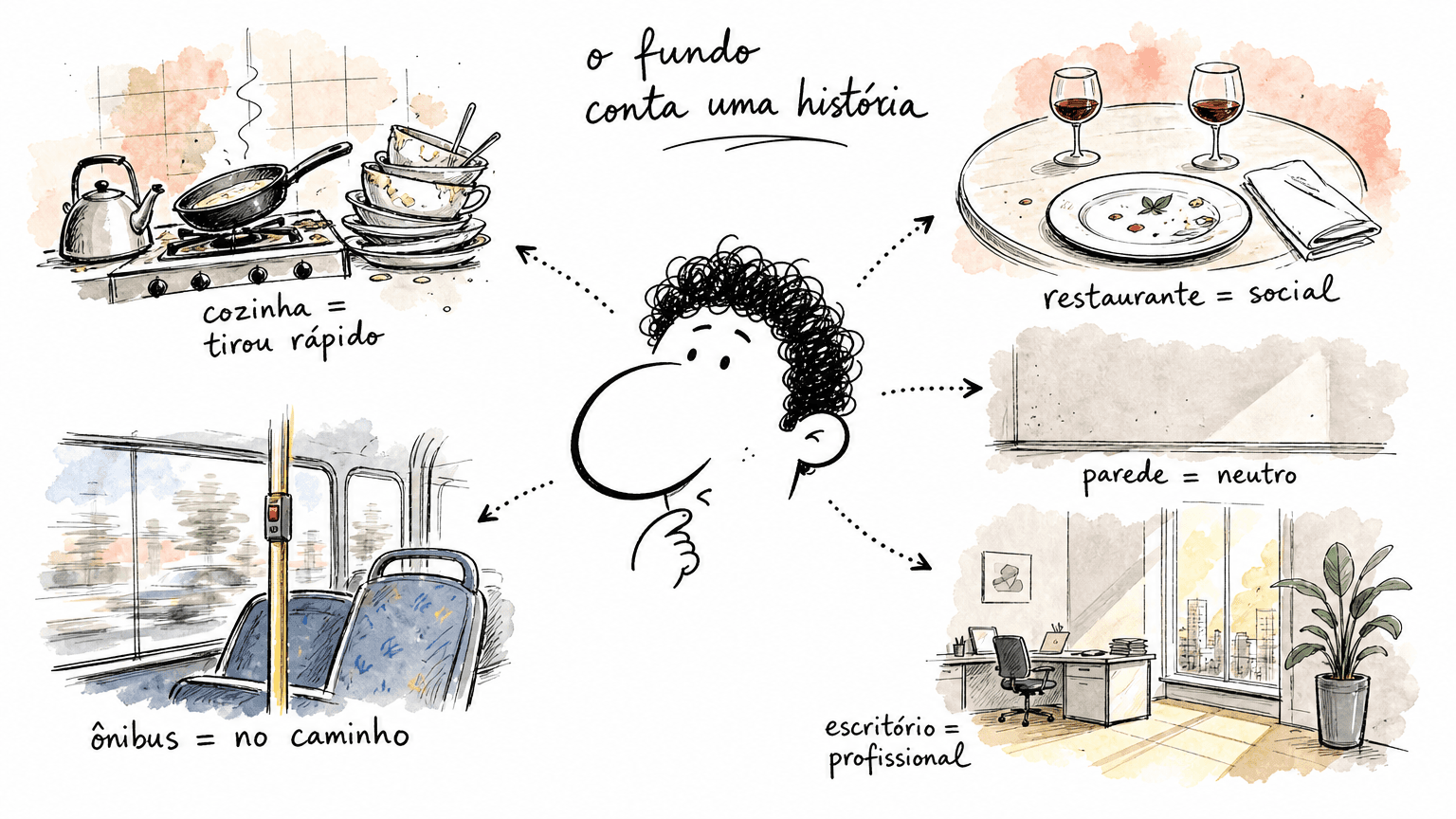 Doodle Red Bull do recrutador brasileiro lendo o fundo da foto em 100ms, com balões de associação automática (cozinha, ônibus, estúdio).