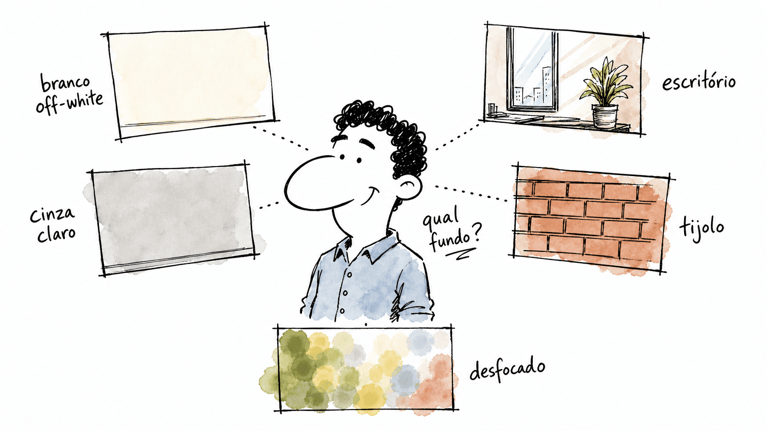 Doodle de personagem brasileiro posando pra foto do Linkedin com cinco fundos atrás: branco off-white, cinza, escritório, tijolo, desfocado.