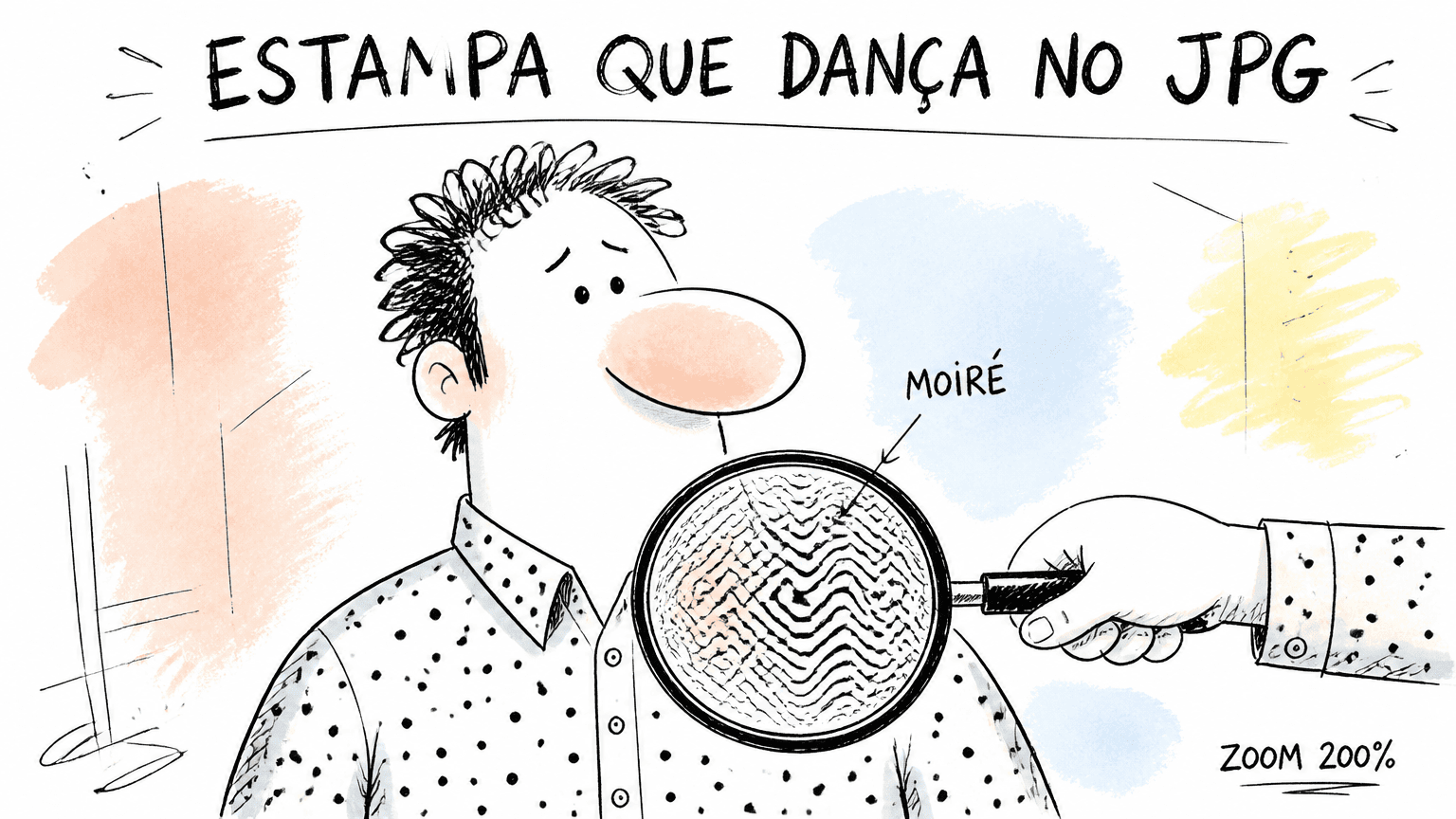 Doodle Red Bull personagem com camisa de poa e lupa ampliando o trecho onde a estampa vibra como moire digital no JPG.