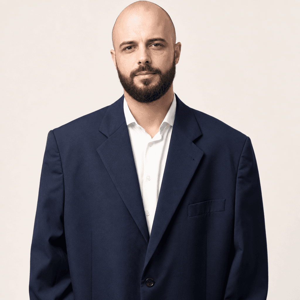 Antes: blazer dois números maior, ombro caindo abaixo do ombro real.