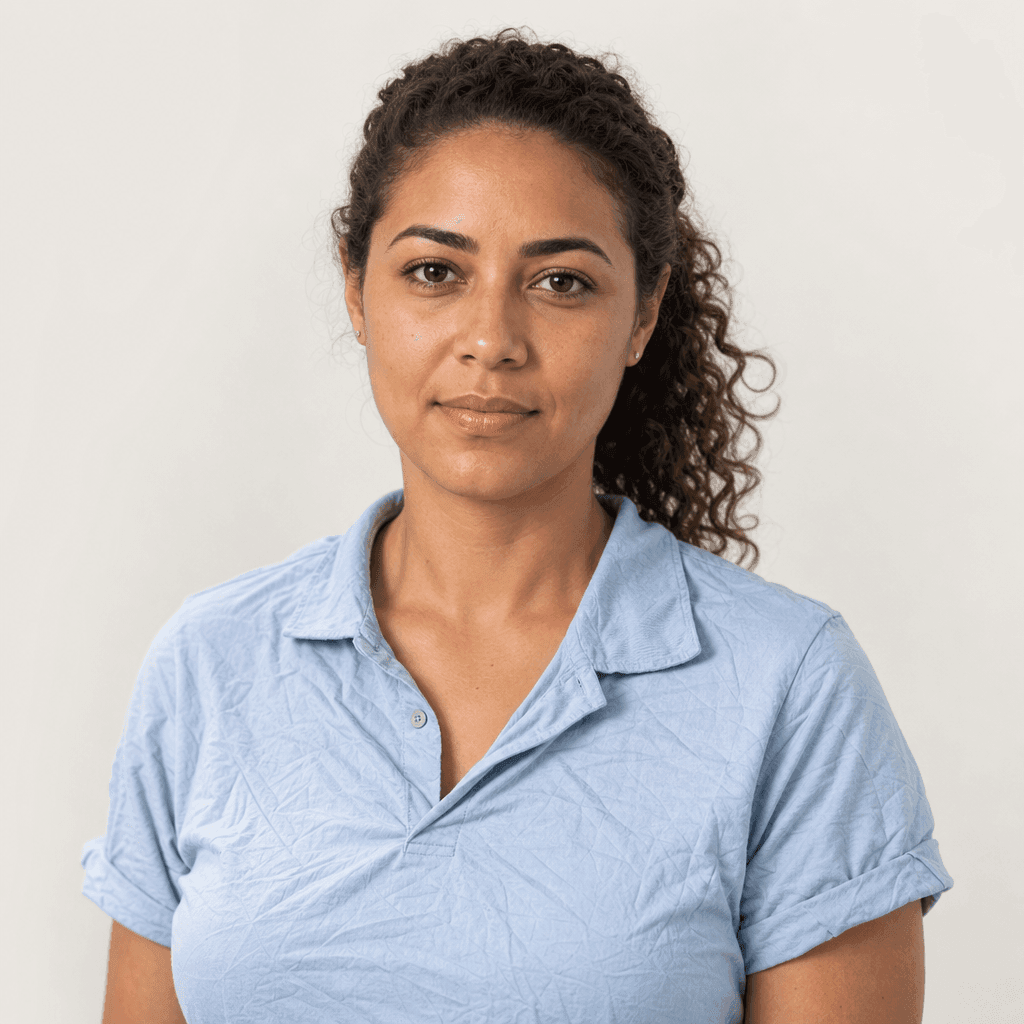 Antes: polo amassada com marcas de dobra visíveis no torso.