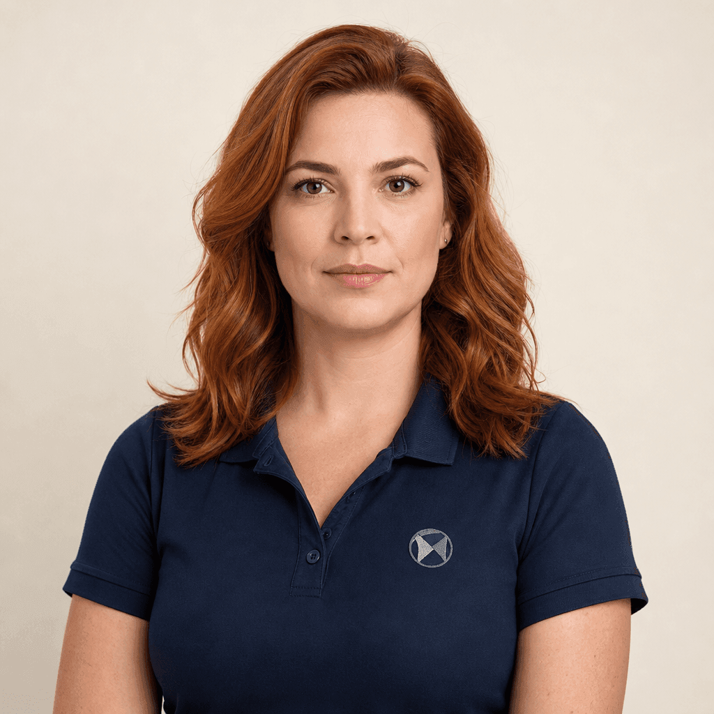 Antes: uniforme com logo bordado de empresa anterior visível no peito.