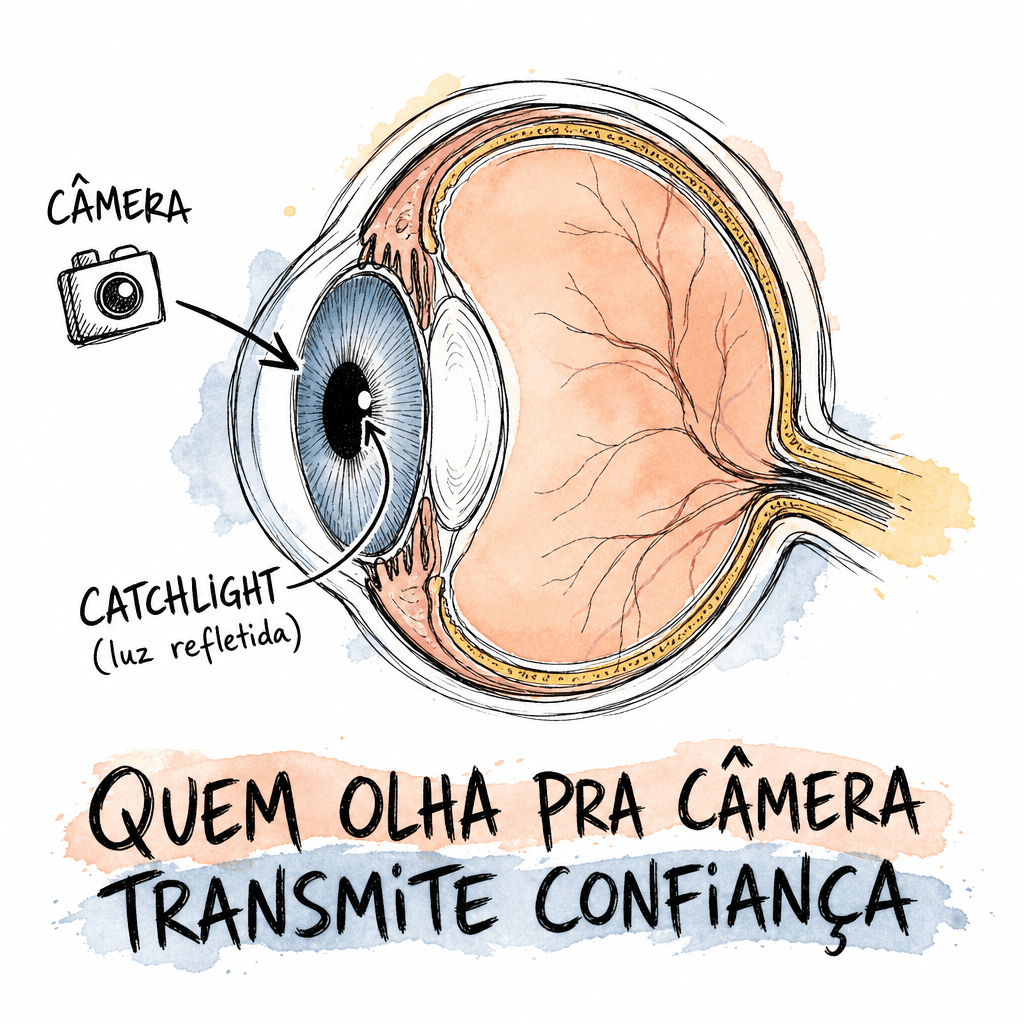 Doodle Red Bull esquemático: linha do olhar e ponto de catchlight na lente, com setas indicando direção do olhar e fonte de luz acima e à frente do rosto.