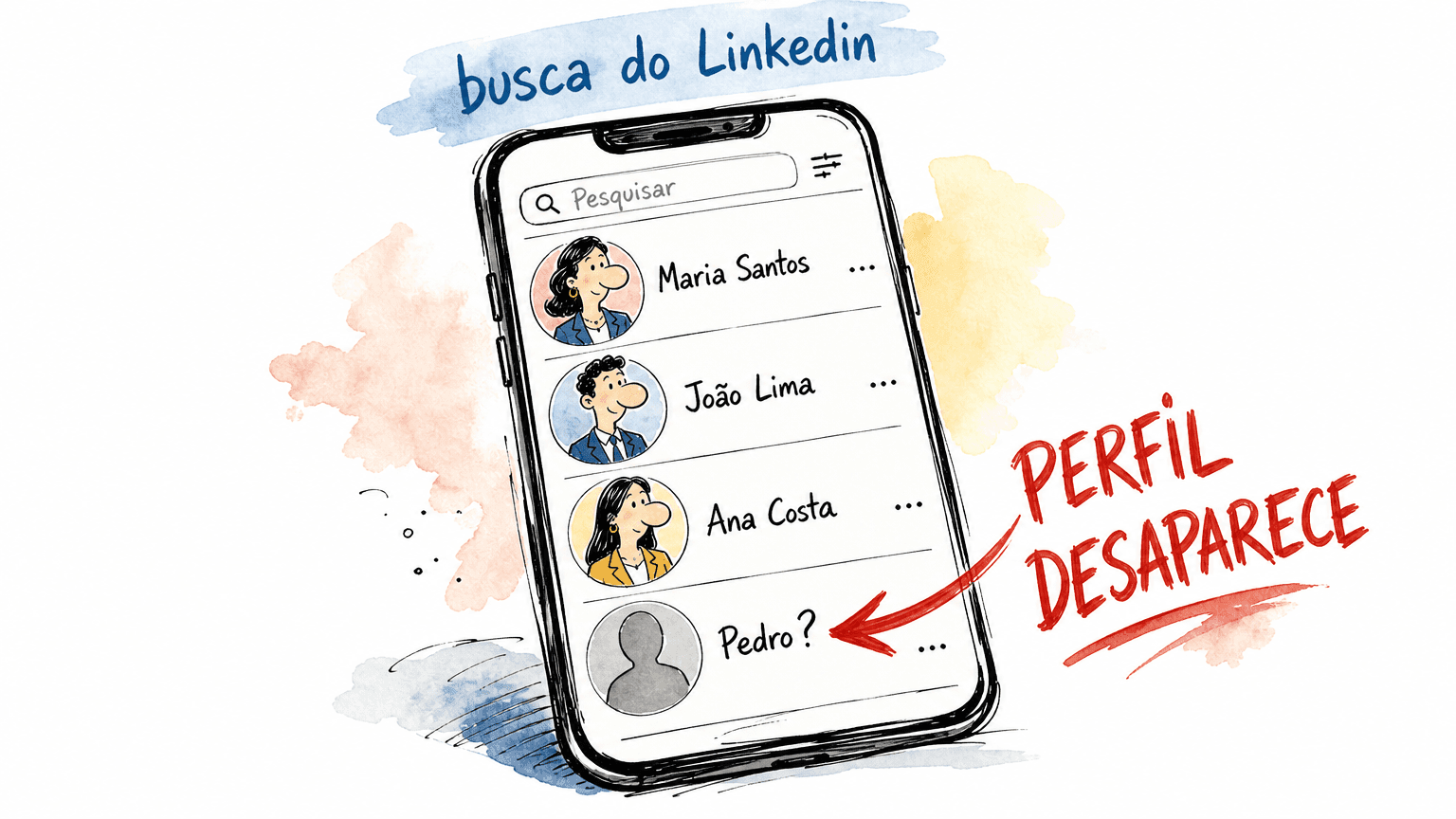 Doodle Red Bull mostrando perfis na busca do Linkedin com um deles substituído por avatar cinza padrão sumindo da listagem