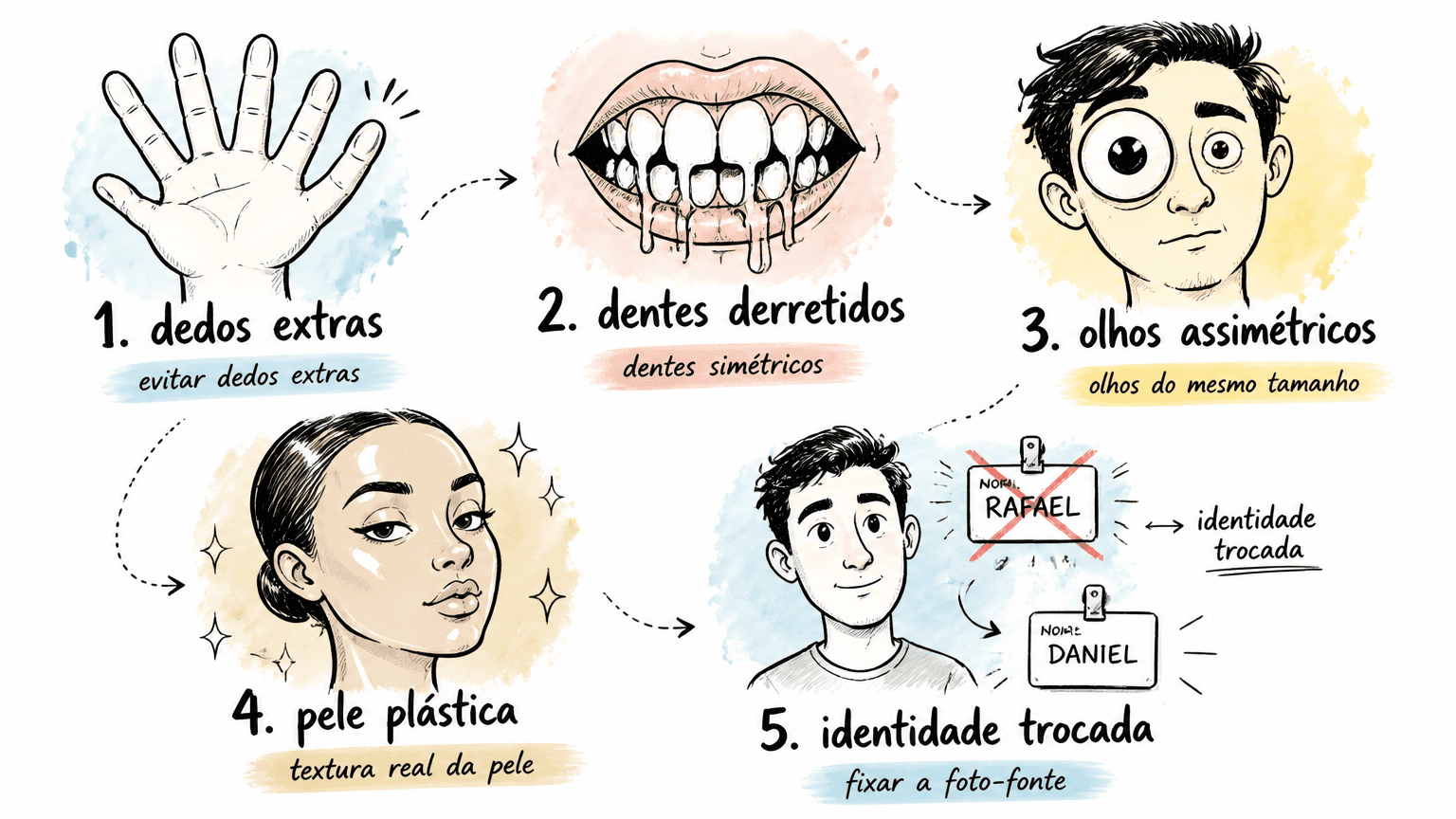 Sketchbook doodle pt-BR mostrando 5 falhas típicas da IA em foto profissional: dedos extras, dentes derretidos, olhos assimétricos, pele plástica e identidade trocada, cada uma com o ajuste correspondente no prompt