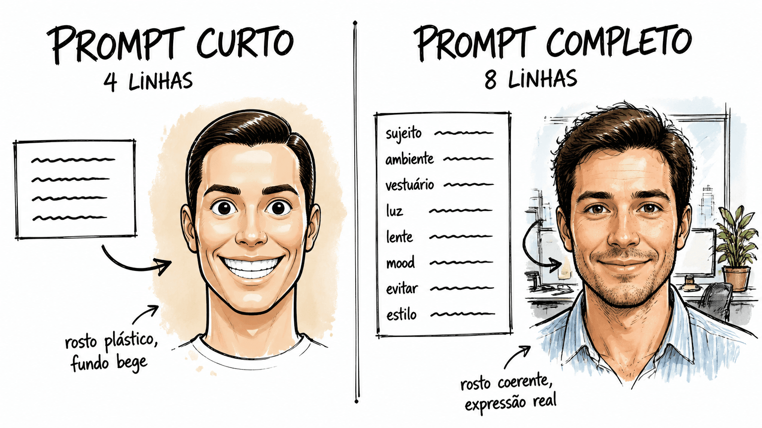 Comparativo doodle pt-BR: prompt curto de 4 linhas leva a rosto plástico e fundo bege; prompt completo de 8 linhas (sujeito, ambiente, vestuário, luz, lente, mood, evitar, estilo) leva a rosto coerente e expressão real