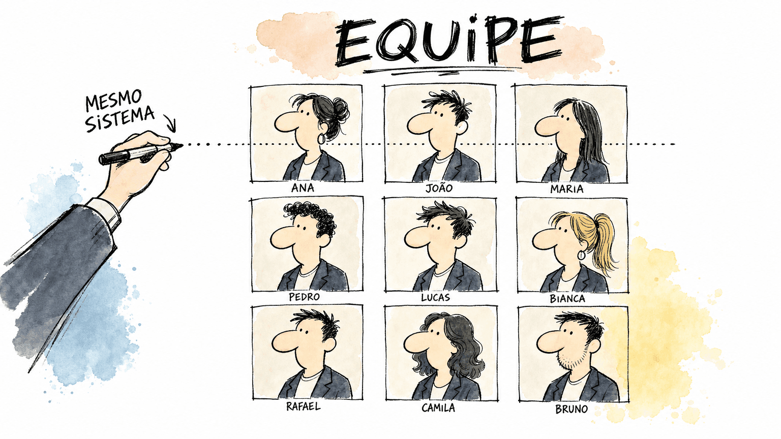 Doodle Red Bull de quatro vinhetas mostrando os 4 tipos de foto corporativa: retrato executivo, equipe inteira, lifestyle no escritório e foto do espaço físico.