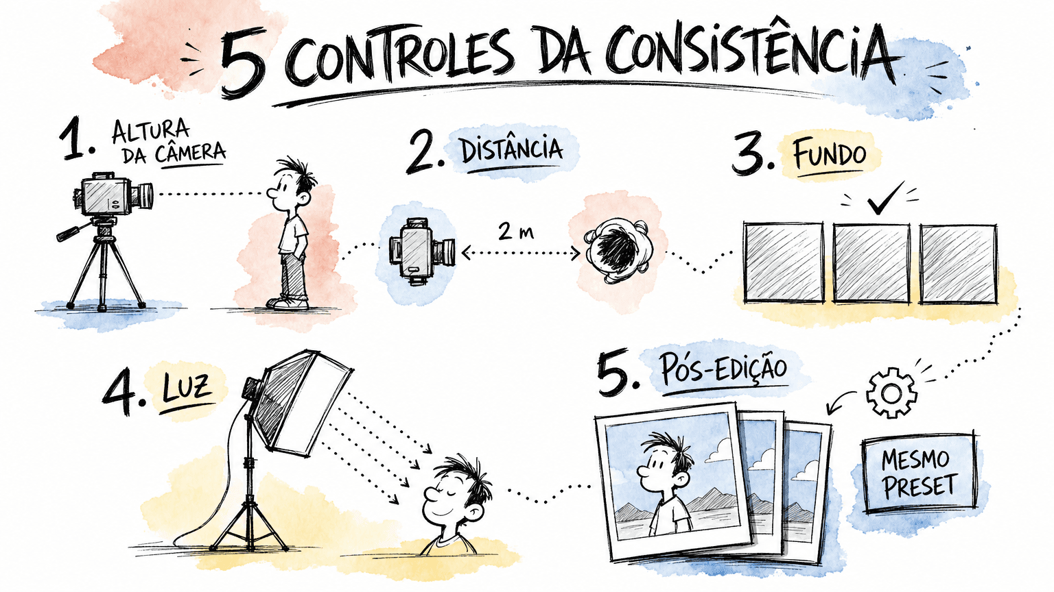 Doodle Red Bull com 5 controles da consistência: altura da câmera, distância, fundo, luz e pós-edição com mesmo preset.
