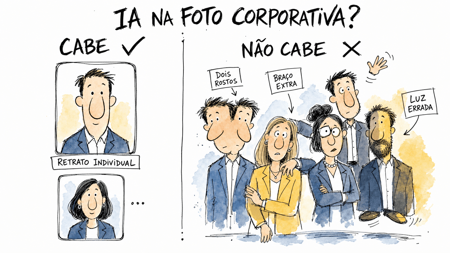Doodle Red Bull split CABE/NÃO CABE: retrato individual funciona com IA; foto coletiva real falha com dois rostos, braço extra e luz errada.