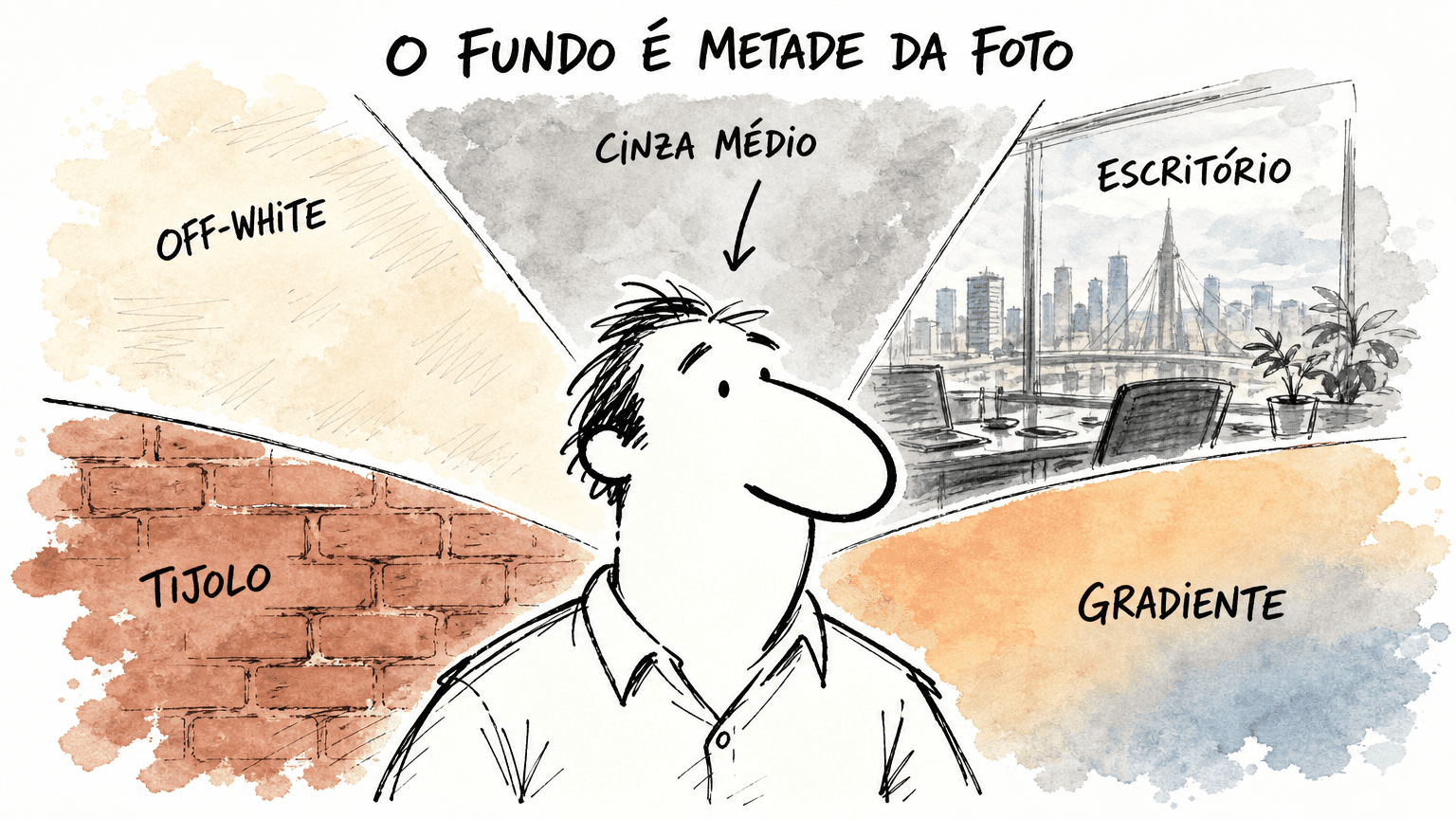 Doodle Red Bull de um profissional cercado por 5 opções de fundo diferentes (off-white, cinza, escritório, tijolo, gradiente).