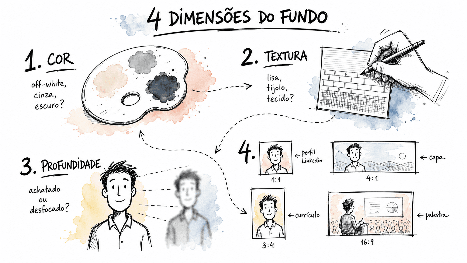 Sketchbook doodle Red Bull com 4 vinhetas numeradas em pt-BR: cor, textura, profundidade e coerência com o uso (perfil, capa, currículo, palestra).