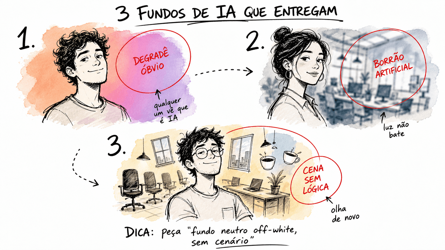 Doodle Red Bull com 3 fundos de IA que entregam: degradê óbvio, borrão artificial e cena sem lógica, cada um circulado em vermelho com nota explicando o erro.