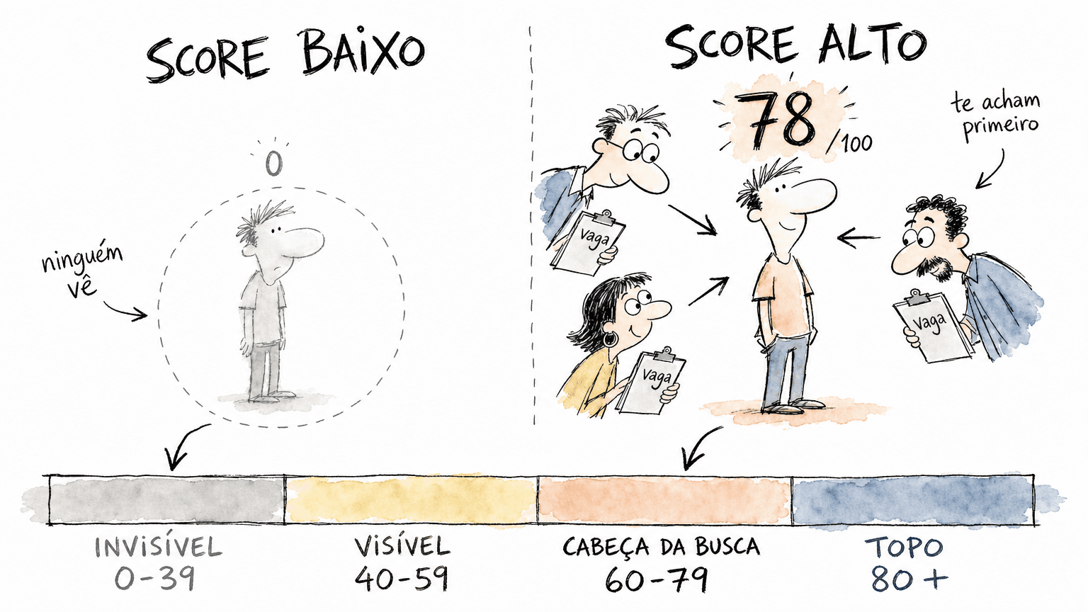 Doodle Red Bull do SSI do Linkedin: pessoa invisível em score baixo de um lado, pessoa cercada de recrutadores em score alto do outro, com barra 0 a 100.