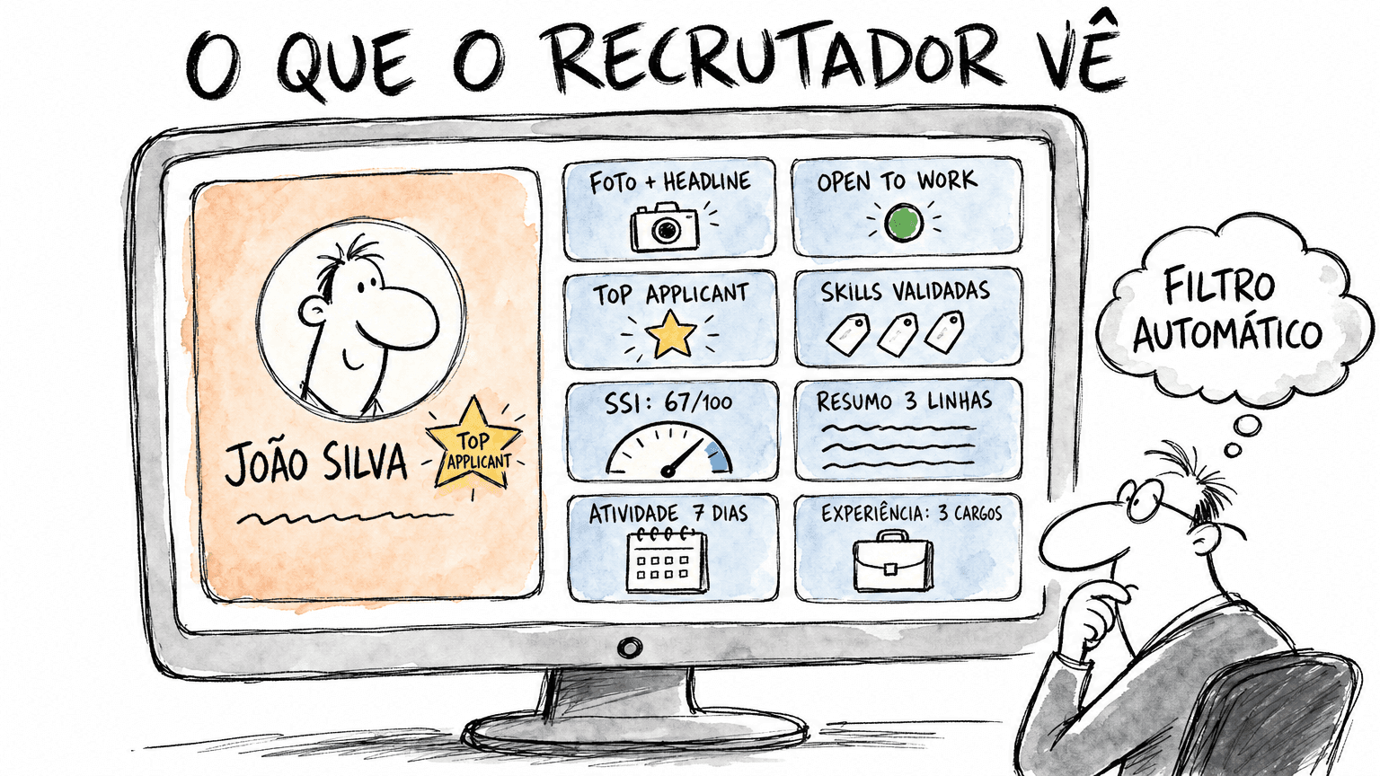 Doodle Red Bull do dashboard que o recrutador BR vê no Linkedin Recruiter em pt-BR: card do candidato com Top Applicant badge e 8 widgets de sinais (foto, SSI, atividade, Open To Work, skills).