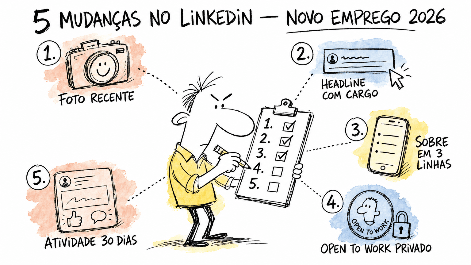 Doodle Red Bull das 5 mudanças no Linkedin pra novo emprego em 2026 em pt-BR: foto, headline, Sobre, Open To Work e atividade.
