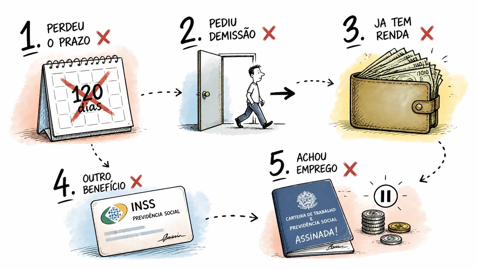 Infográfico com os cinco motivos que travam o seguro-desemprego: perder o prazo, pedir demissão, ter renda própria, receber outro benefício e achar emprego formal