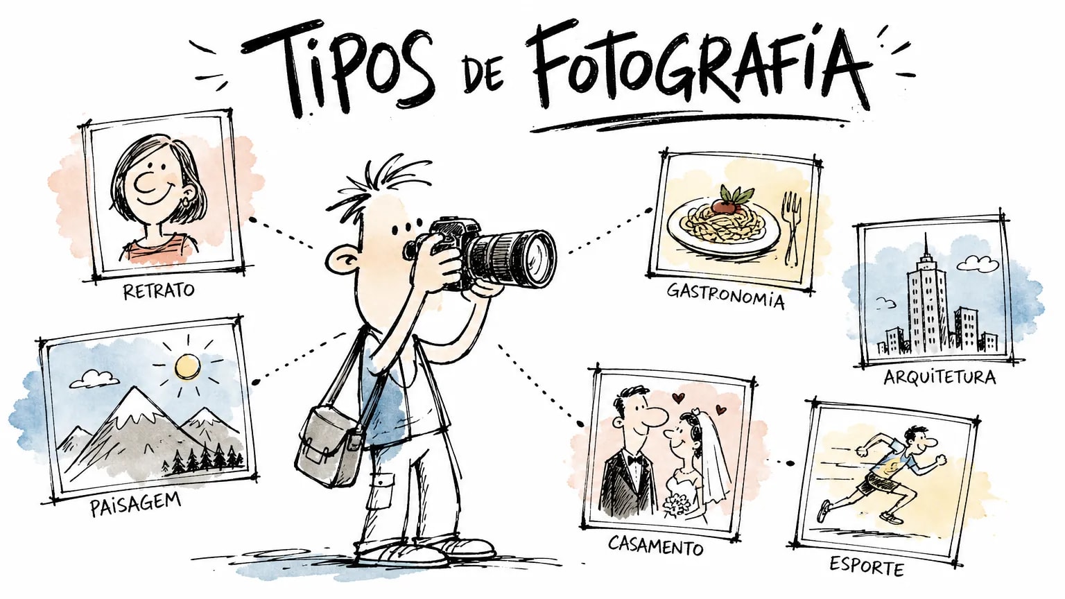 Cartoon de fotógrafo apontando a câmera, cercado por mini cenas dos tipos de fotografia: um rosto, uma paisagem, um prato de comida, um prédio e um casamento