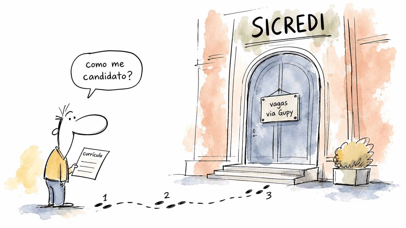 Ilustração de um candidato com currículo diante da porta do Sicredi com vagas via Gupy, seguindo os passos do processo seletivo.