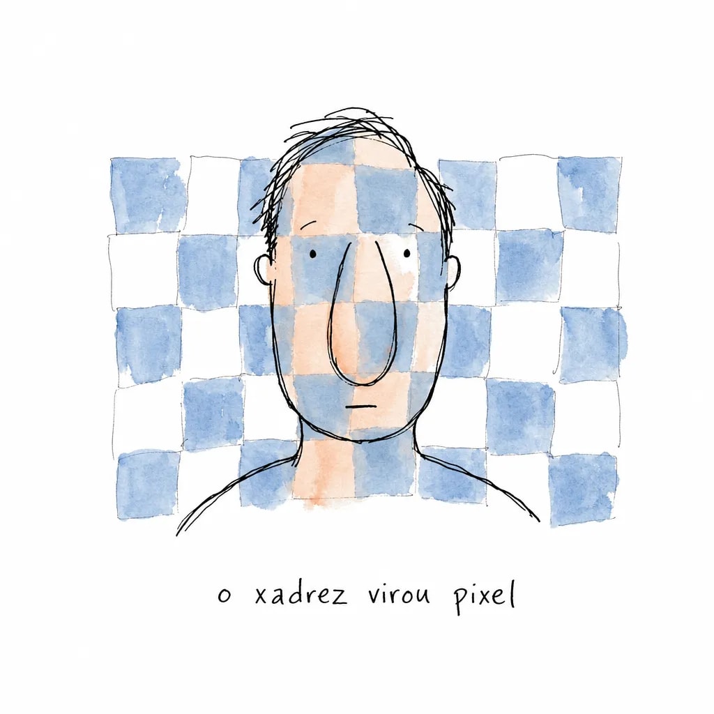 Rosto doodle com xadrez desenhado à mão cujos quadrados continuam por cima da bochecha e dos ombros, sob o rótulo "o xadrez virou pixel".