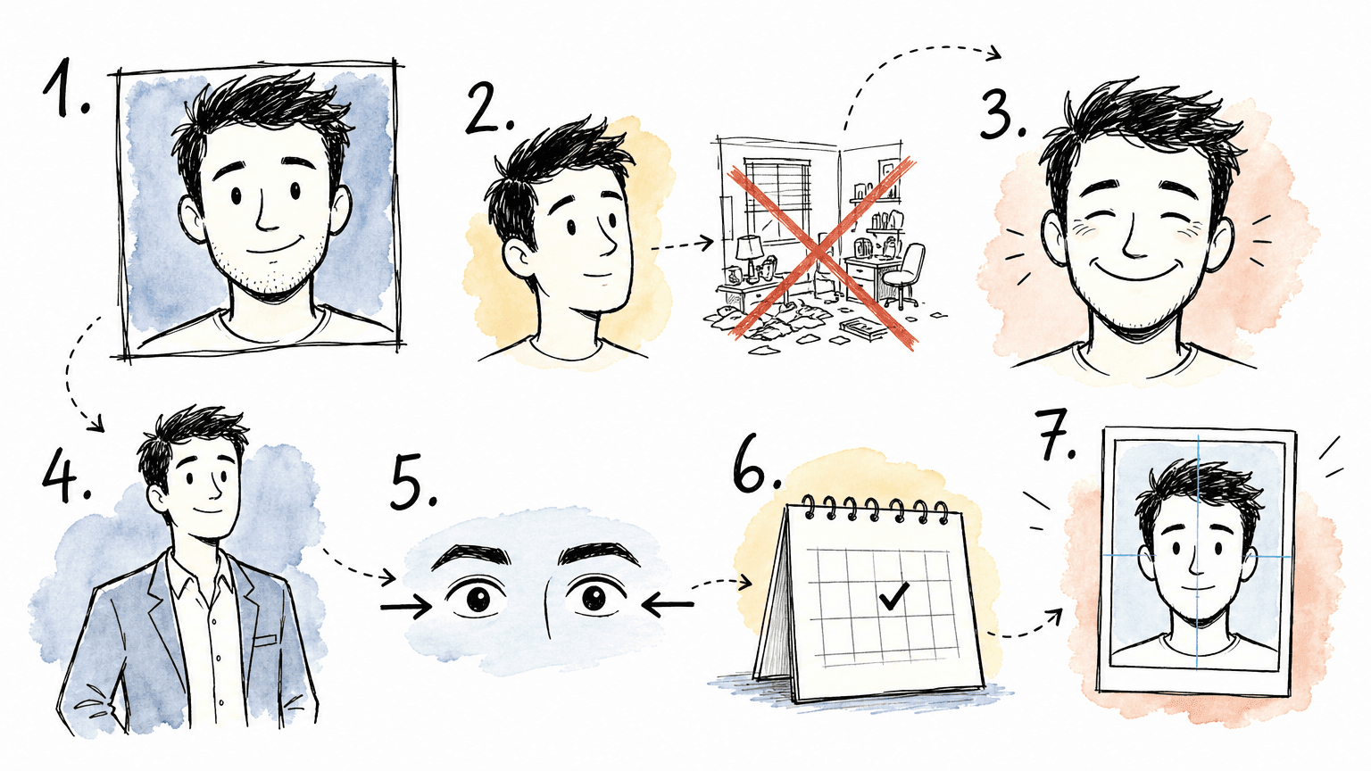 Infográfico cartoon estilo Red Bull mostrando as sete regras universais para foto de LinkedIn: enquadramento close-up, fundo neutro, sorriso autêntico, vestuário simples, olhar direto, foto recente e composição centralizada.