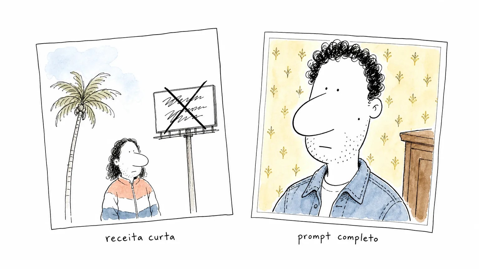 Dois cartões com o mesmo homem: na receita curta ele é pequeno, de cabelo até o ombro, sob outdoor riscado; no prompt completo, retrato de perto numa sala