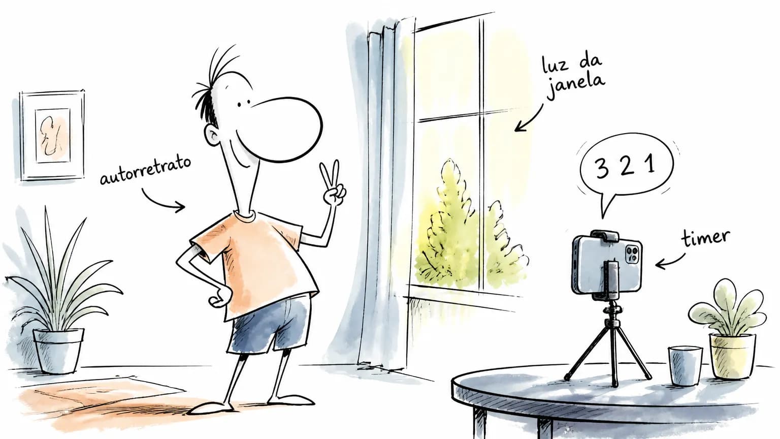 Cartoon de pessoa fazendo o próprio autorretrato perto de uma janela, com o celular no tripé, o timer contando e a luz natural no rosto